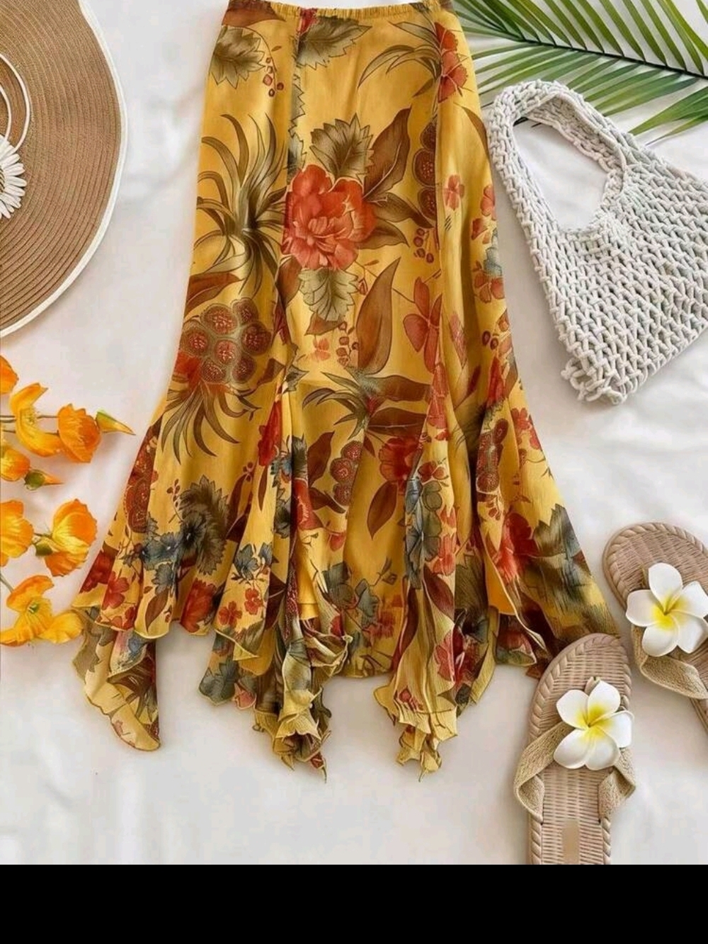 Yellow Floral Handkerchief Hem Maxi Skirt